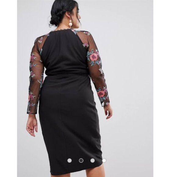 Little Mistress Plus Wrapover Pencil Dress With Embroidered Sleeve Detail - Picture 2 of 8